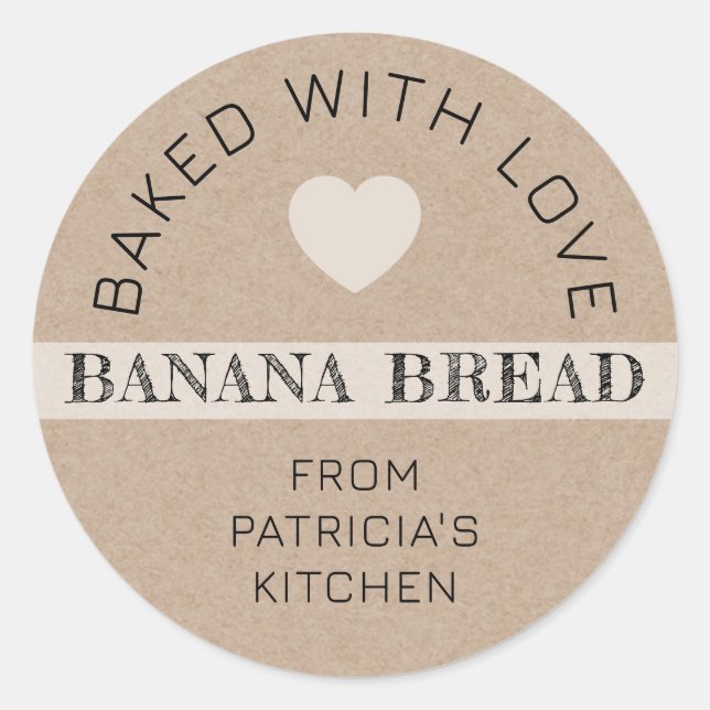 Pegatina Redonda Rustic Kraft Paper Baked With Love Banana Bread (Anverso)
