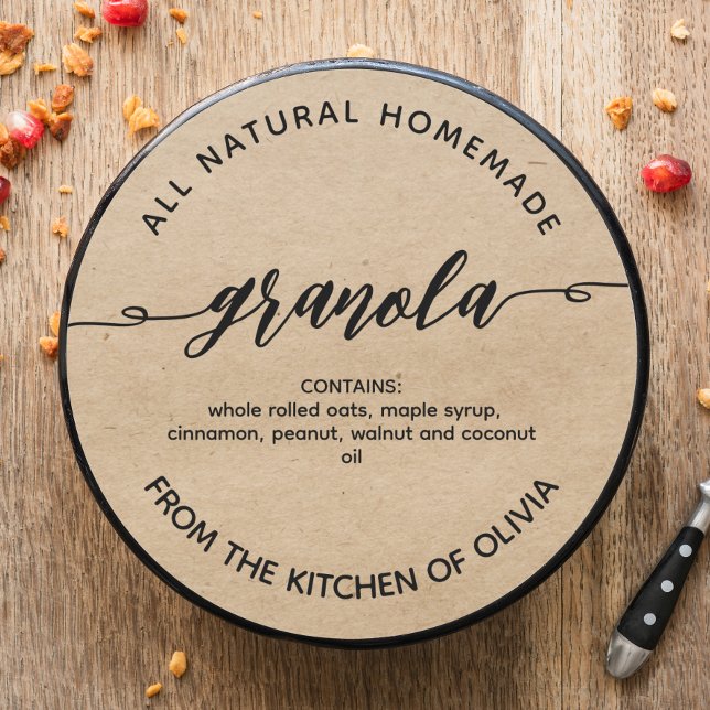 Pegatina Redonda Rustic kraft Script Homemade Granola Label (Subido por el creador)