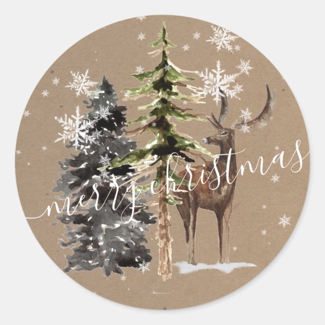 Pegatina Redonda Rustic Kraft Winter Woodland Feliz Navidad (Anverso)