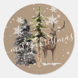 Pegatina Redonda Rustic Kraft Winter Woodland Feliz Navidad