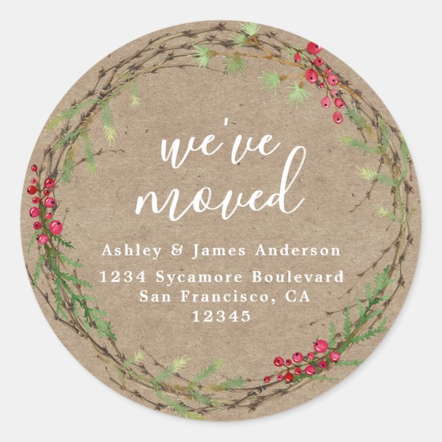 Pegatina Redonda Rustic Kraft Wreath We’ve Moved Address (Anverso)