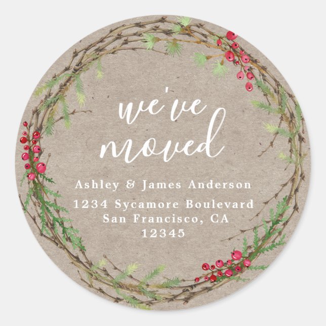 Pegatina Redonda Rustic Kraft Wreath We’ve Moved Address (Anverso)