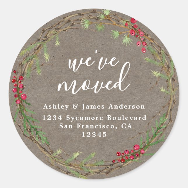 Pegatina Redonda Rustic Kraft Wreath We’ve Moved Address (Anverso)