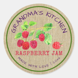 Pegatina Redonda Rustic Made with Love Burlap Raspberry Jam