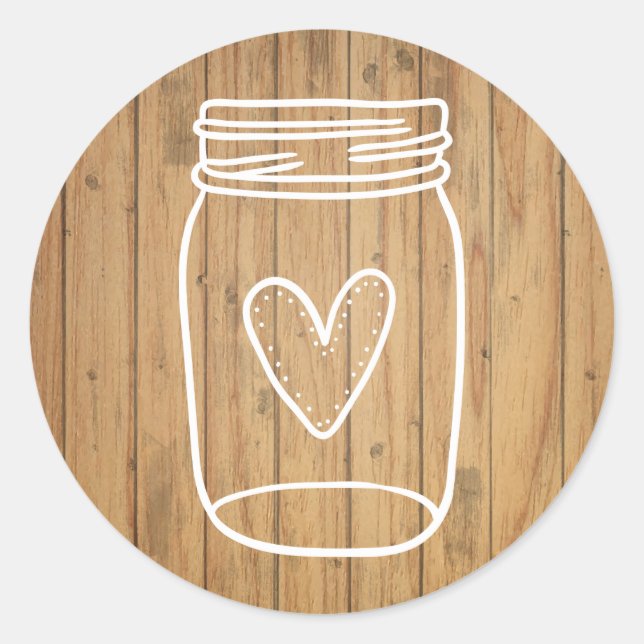 Pegatina Redonda Rustic Mason Jar Brown Wood - Fiesta de boda (Anverso)