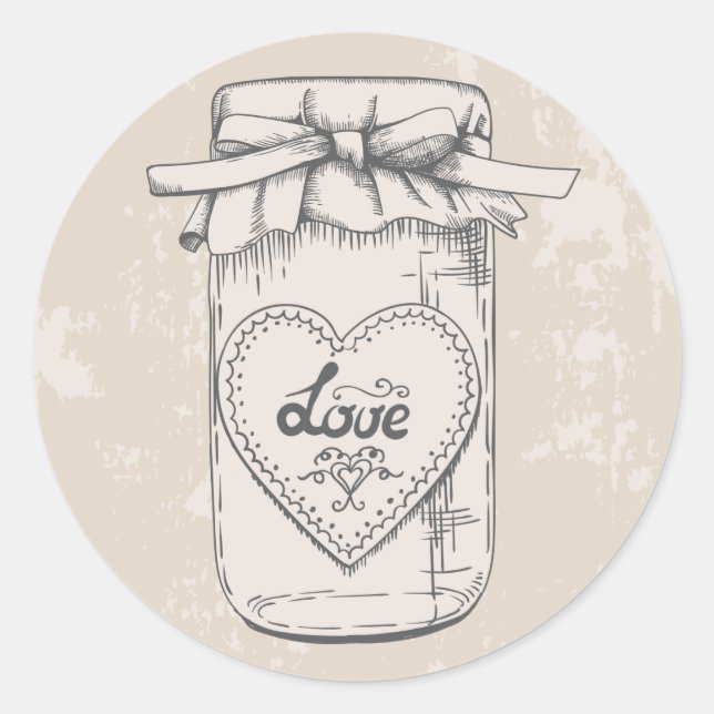 Pegatina Redonda Rustic Mason Jar Love Hearts Tan Boda (Anverso)