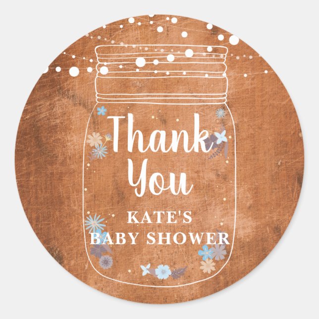 Pegatina Redonda Rustic Mason Jar String ilumina Baby Shower (Anverso)