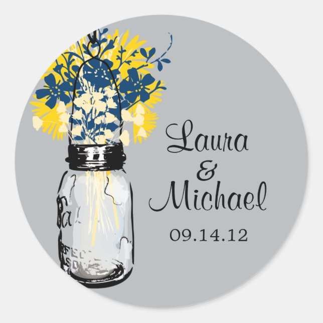 Pegatina Redonda Rustic Mason Jar y Wildflowers (Anverso)