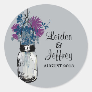 Pegatina Redonda Rustic Mason Jar y Wildflowers