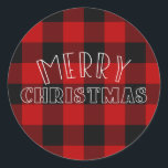 Pegatina Redonda Rustic Merry Christmas Red Plaid Holiday Tipo<br><div class="desc">Elementos coincidentes disponibles.</div>