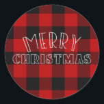 Pegatina Redonda Rustic Merry Christmas Red Plaid Holiday Tipo<br><div class="desc">Elementos coincidentes disponibles.</div>