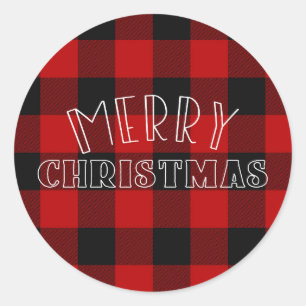 Pegatina Redonda Rustic Merry Christmas Red Plaid Holiday Tipo