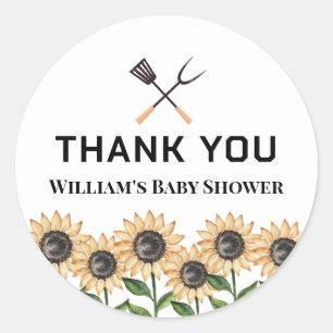 Pegatina Redonda Rustic Modern BBQ Sunflower Baby Shower