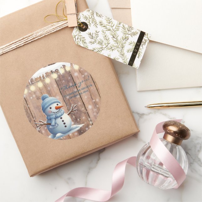 Pegatina Redonda Rustic Modern Elegant Blue Snowman Baby Shower (Regalar)