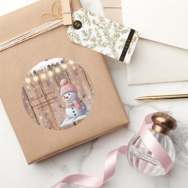 Pegatina Redonda Rustic Modern Elegant Snowman Baby Shower (Regalar)