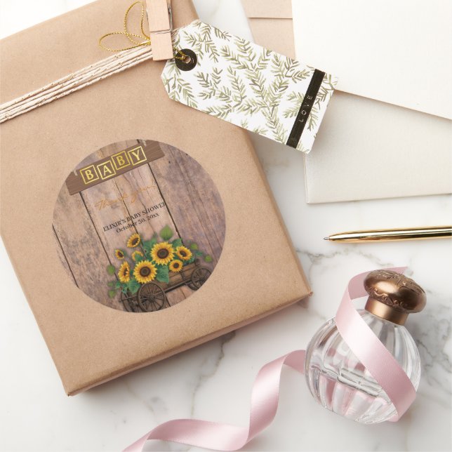Pegatina Redonda Rustic Modern Sunflower Carriage Baby Shower (Regalar)