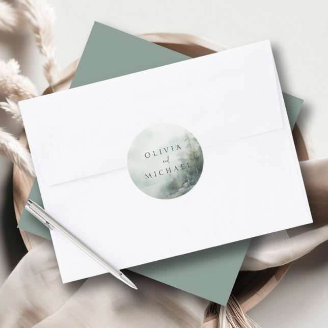 Pegatina Redonda Rustic Mountain Lake Misty Pines Wedding (Subido por el creador)