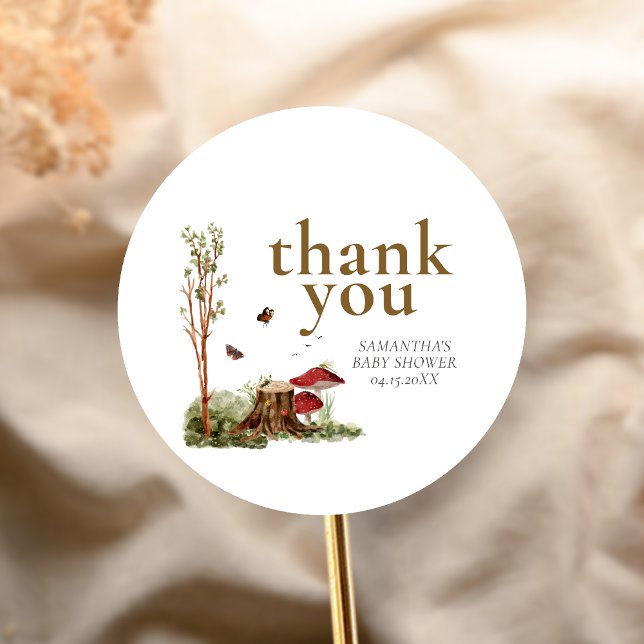 Pegatina Redonda Rustic Mushroom Woodland Baby Shower (Mushroom Rustic Woodland Baby Shower Sticker)