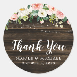 Pegatina Redonda Rustic Pink Floral String Lights Boda Gracias