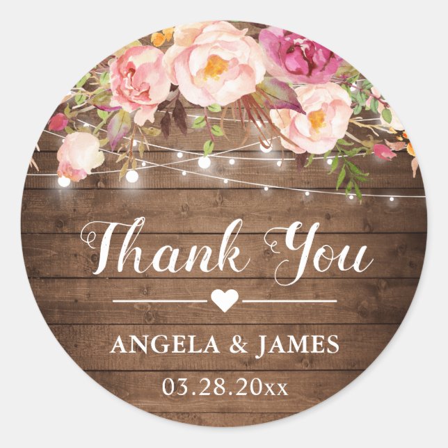 Pegatina Redonda Rustic Pink Floral String Lights Boda Gracias (Anverso)