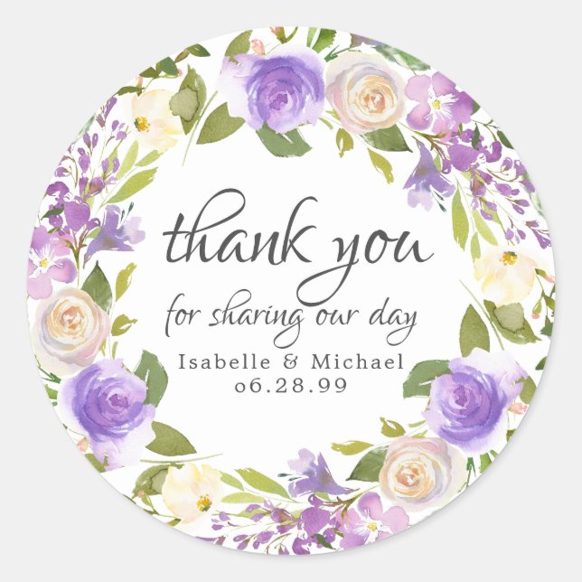 Pegatina Redonda Rustic Purple and Ivory Floral Gracias Boda (Anverso)
