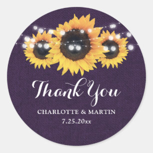 Pegatina Redonda Rustic Purple Burlap Sunflower Wedding Favor