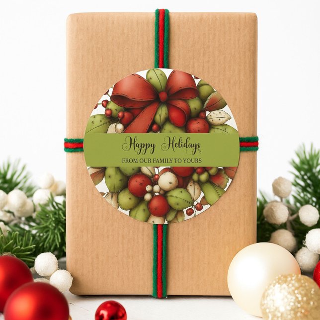 Pegatina Redonda Rustic Red and Green Holiday Wreath Round Sticker  (Subido por el creador)