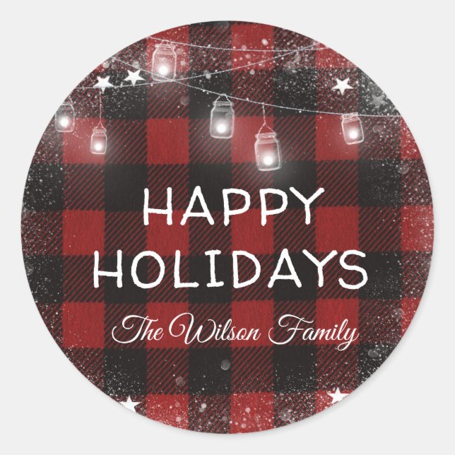 Pegatina Redonda Rustic Red Buffalo Plaid Holiday String Luces (Anverso)