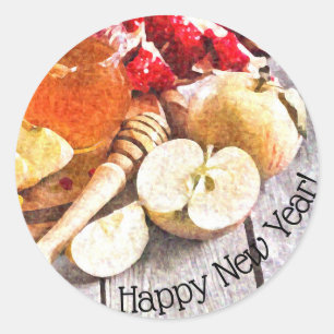Pegatina Redonda Rustic Rosh Hashanah Feliz Año Nuevo manzanas miel