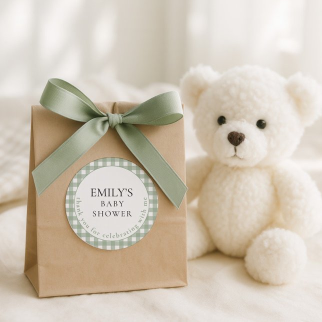 Pegatina Redonda Rustic Sage Gingham Gracias Baby Shower (Subido por el creador)