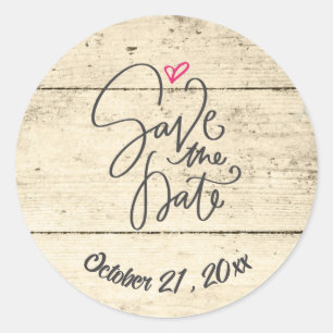 Pegatina Redonda Rustic Save The Date Wooden Plank