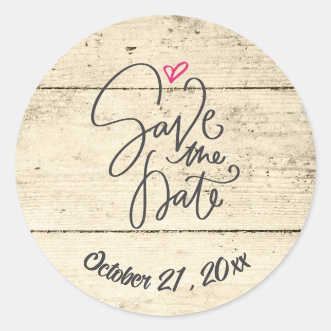 Pegatina Redonda Rustic Save The Date Wooden Plank (Anverso)