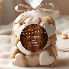 Pegatina Redonda Rustic String Lights & Wood Boda