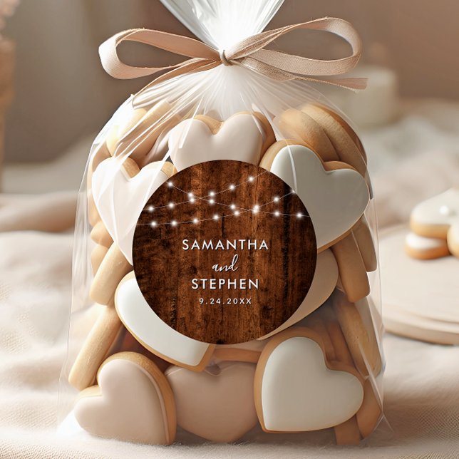 Pegatina Redonda Rustic String Lights & Wood Boda (Subido por el creador)