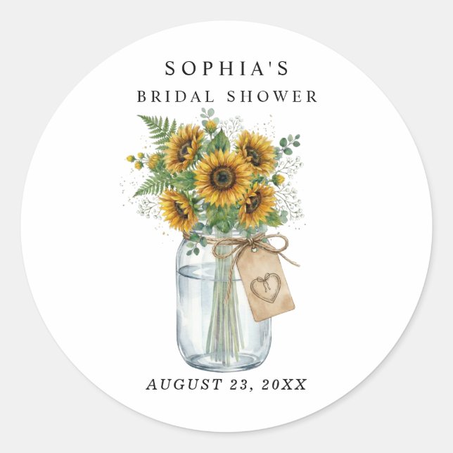 Pegatina Redonda Rustic Sunflower Mason Jar Bridal Shower  (Anverso)