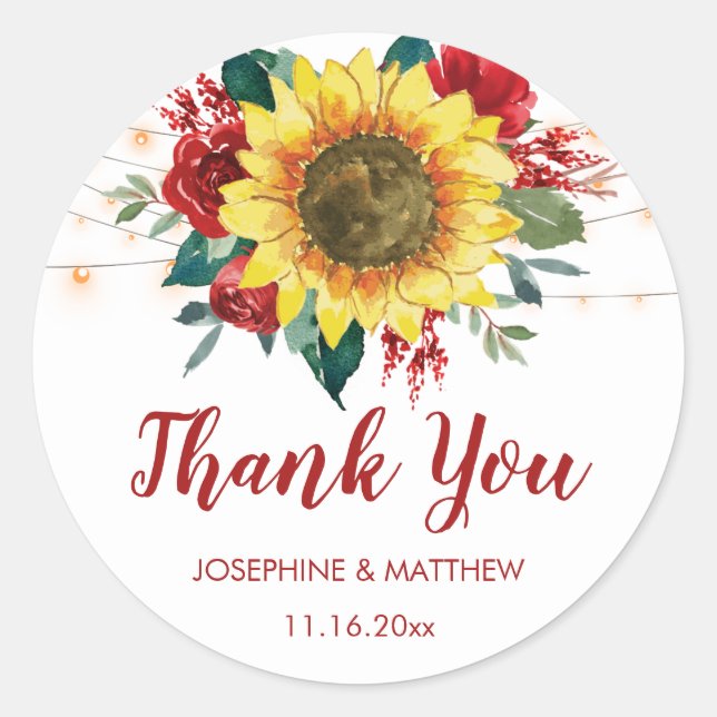 Pegatina Redonda Rustic Sunflowers String ilumina Red Floral Gracia (Anverso)