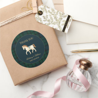 Pegatina Redonda Rustic Tartan Plaid Horse Baby Shower 
