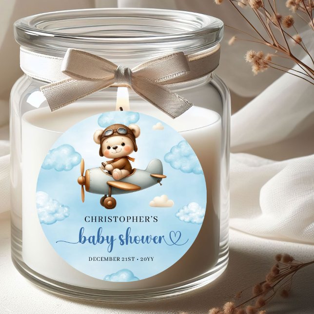 Pegatina Redonda Rustic Teddy Bear Aviator Blue Brown Boy Baby Show (Rustic Teddy Bear Aviator Blue Brown Boy Baby Shower Sticker

)