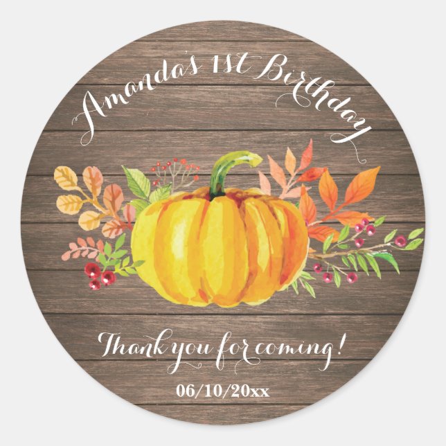 Pegatina Redonda Rustic Watercolor Fall Pumpkin Cumpleaños Gracias (Anverso)