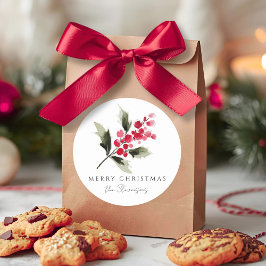 Pegatina Redonda Rustic Watercolor Holly Berry Christmas