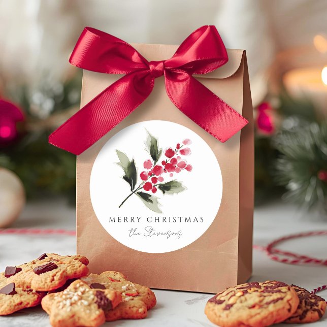 Pegatina Redonda Rustic Watercolor Holly Berry Christmas (Subido por el creador)