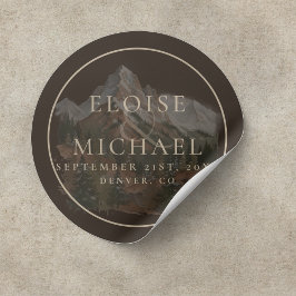 Pegatina Redonda Rustic Watercolor Mountain Landscape Wedding