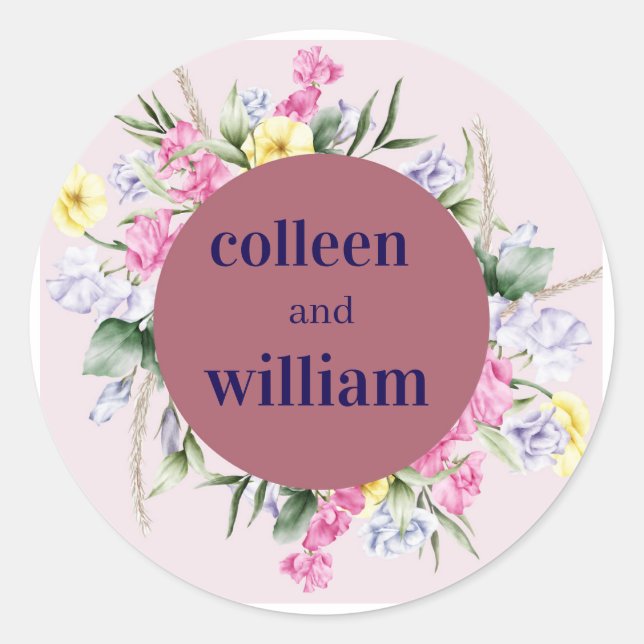Pegatina Redonda Rustic Wildflower Wedding Sticker – Folk Floral Ro (Anverso)