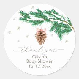 Pegatina Redonda Rustic Winter Snowflake Pine cone Baby Shower 