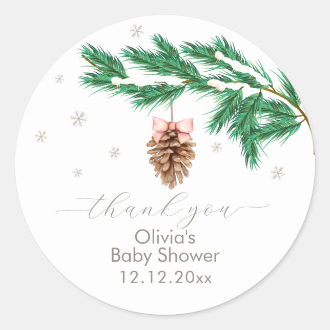 Pegatina Redonda Rustic Winter Snowflake Pine cone Baby Shower  (Anverso)