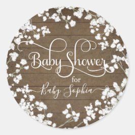 Pegatina Redonda Rustic Wood Babys Breath Boho Floral Baby Shower
