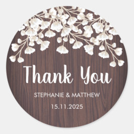 Pegatina Redonda Rustic Wood Babys Breath Floral Gracias Boda