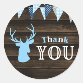 Pegatina Redonda Rustic Wood Blue Deer Boy Baby Shower Gracias