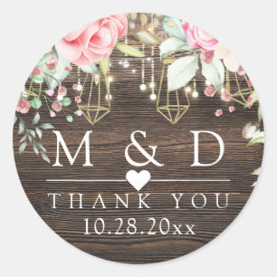 Pegatina Redonda Rustic Wood Floral String lights Boda Gracias