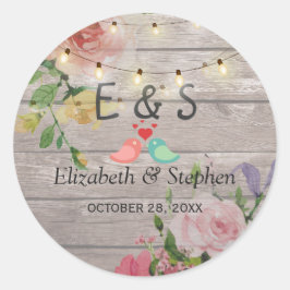 Pegatina Redonda Rustic Wood Floral String Luces Wedding Favor